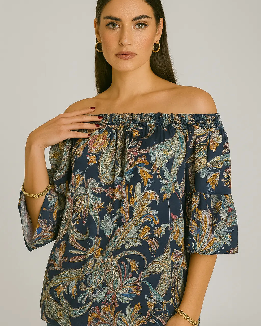 Blusa stampata con scollo omerale elasticizzato con balze DORABELLA