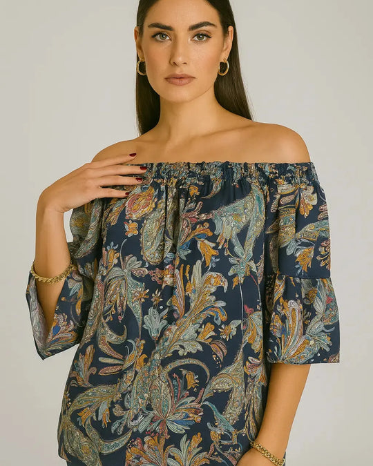 Blusa stampata con scollo omerale elasticizzato con balze DORABELLA