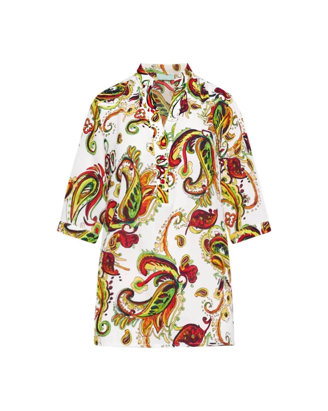 Blusa stile kaftano in georgette elasticizzato fantasia cashmere con scollo a V e spacchi laterali. ROSSO DORABELLA XXL