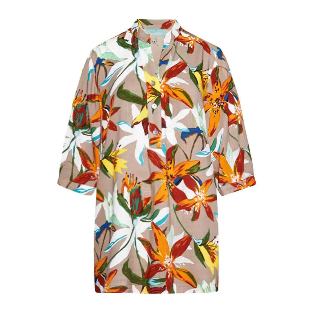 Blusa stile kaftano in tela di viscosa fantasia floreale con scollo a V e spacchi laterali. ARANCIO DORABELLA PIU' 47