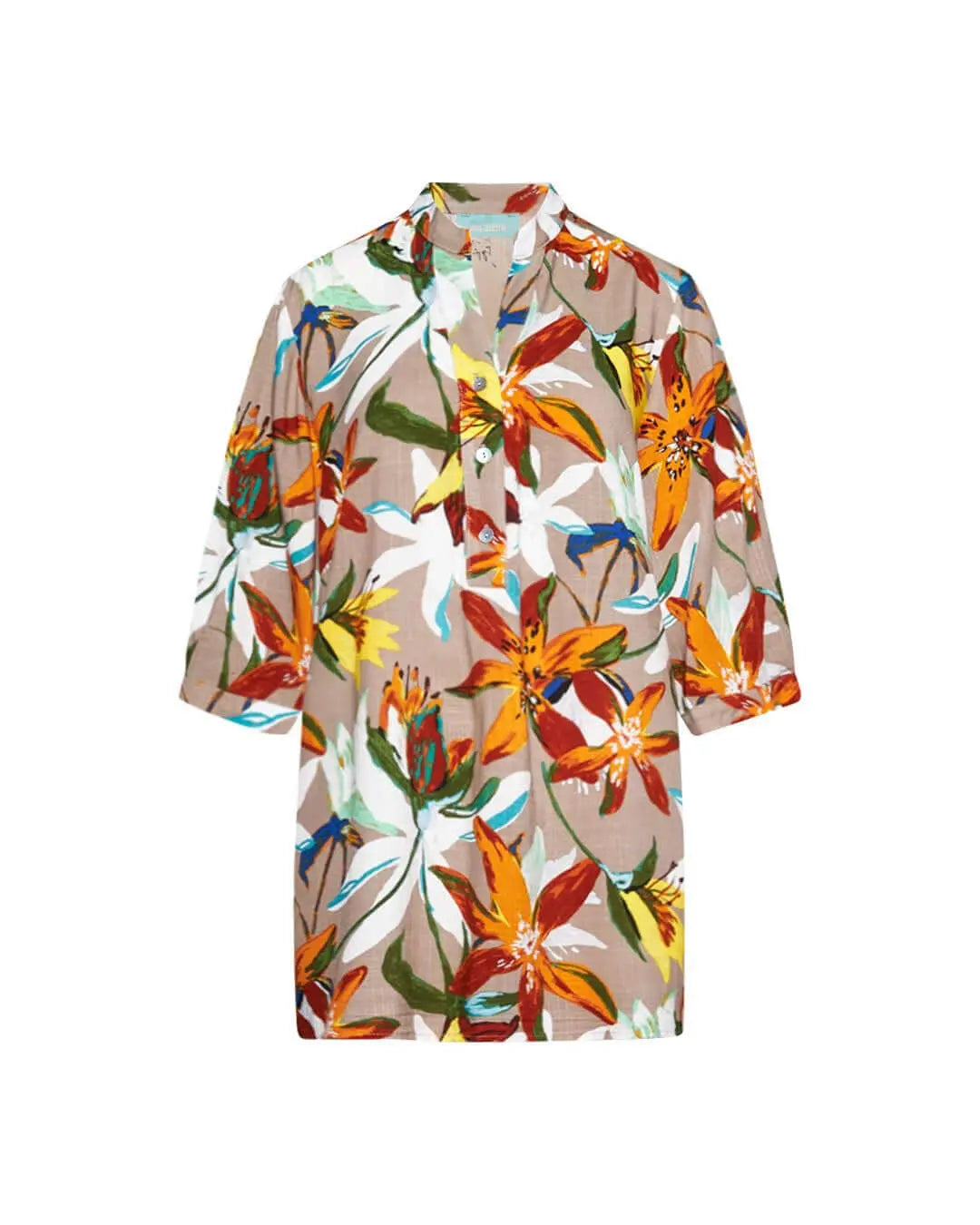 Blusa stile kaftano in tela di viscosa fantasia floreale con scollo a V e spacchi laterali. ARANCIO DORABELLA PIU' 47