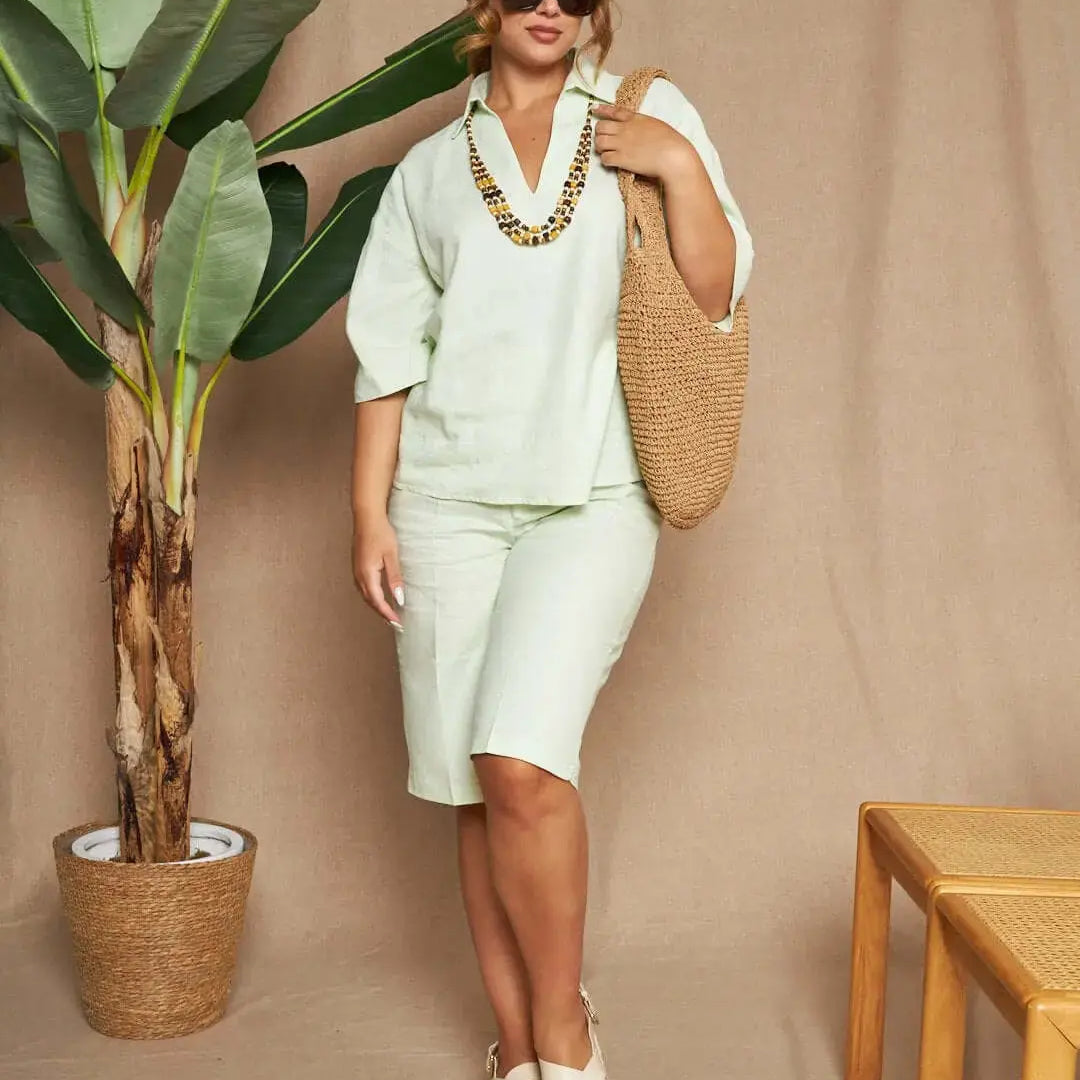 Blusa stile polo in tela di lino e viscosa tinta unita con scollo a V. MENTA DORABELLA XL