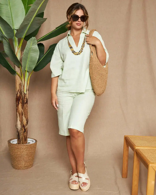 Blusa stile polo in tela di lino e viscosa tinta unita con scollo a V. MENTA DORABELLA XL