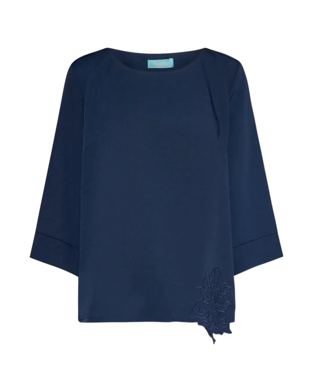 Blusa tinta unita in jersey crêpe elasticizzato con fiore intagliato sul fondo BLU DORABELLA