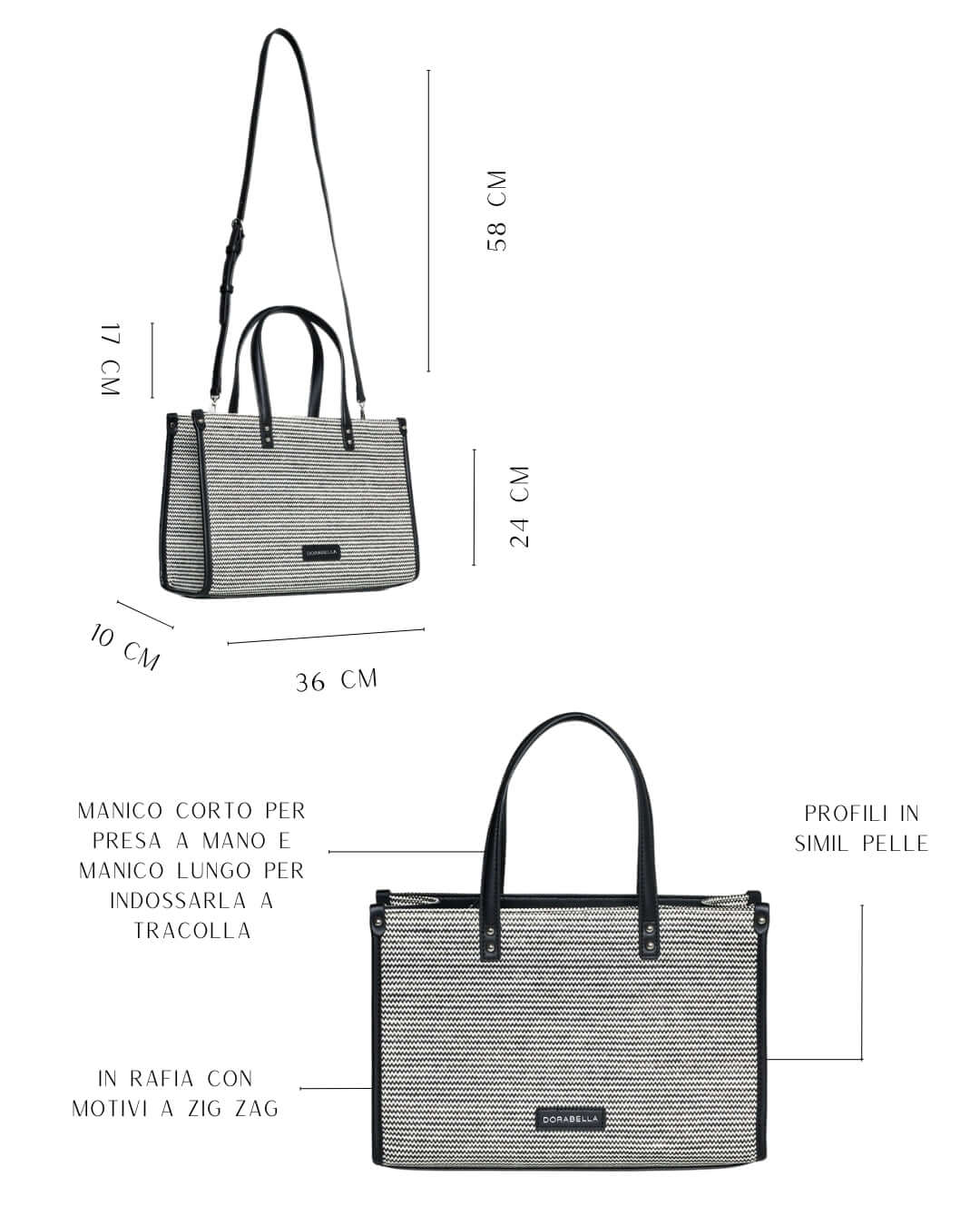 Borsa in rafia con motivo zig-zag e profili in similpelle NERO DORABELLA