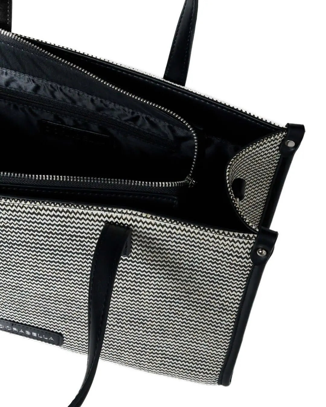 Borsa in rafia con motivo zig-zag e profili in similpelle NERO DORABELLA