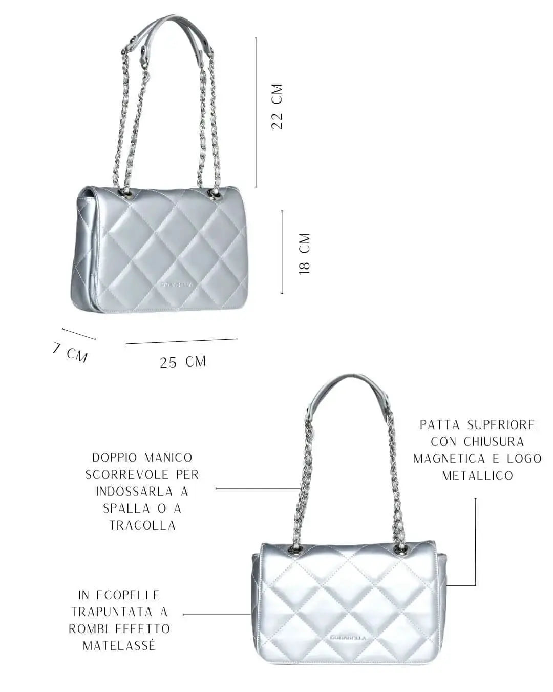 Borsa piccola a spalla in ecopelle matelassé con manici a catena ARGENTO DORABELLA