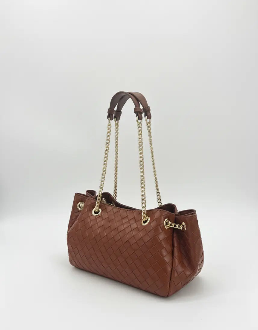 Borsa secchiello intrecciato con manici catena Dorabella