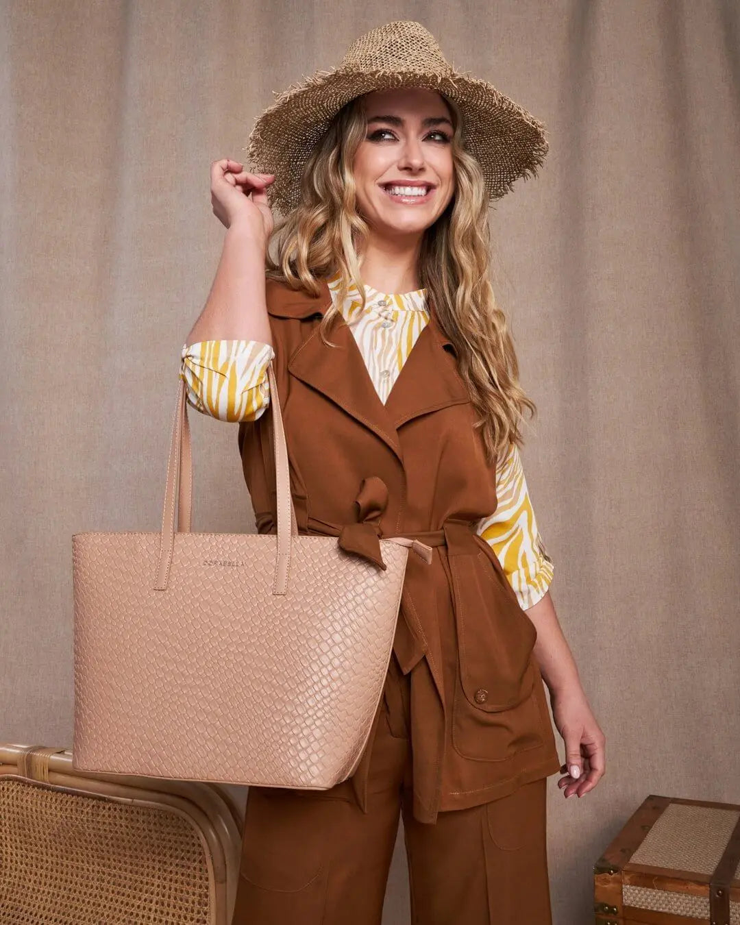 Borsa shopper media in ecopelle con motivo ad intreccio BEIGE DORABELLA UNICO