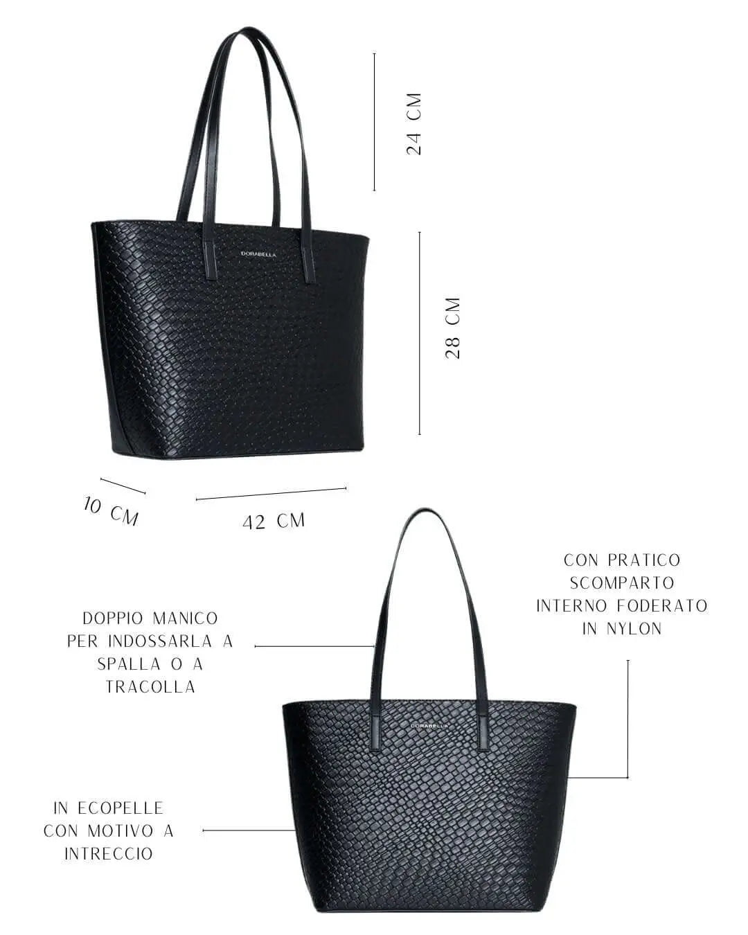 Borsa shopper media in ecopelle con motivo ad intreccio NERO DORABELLA