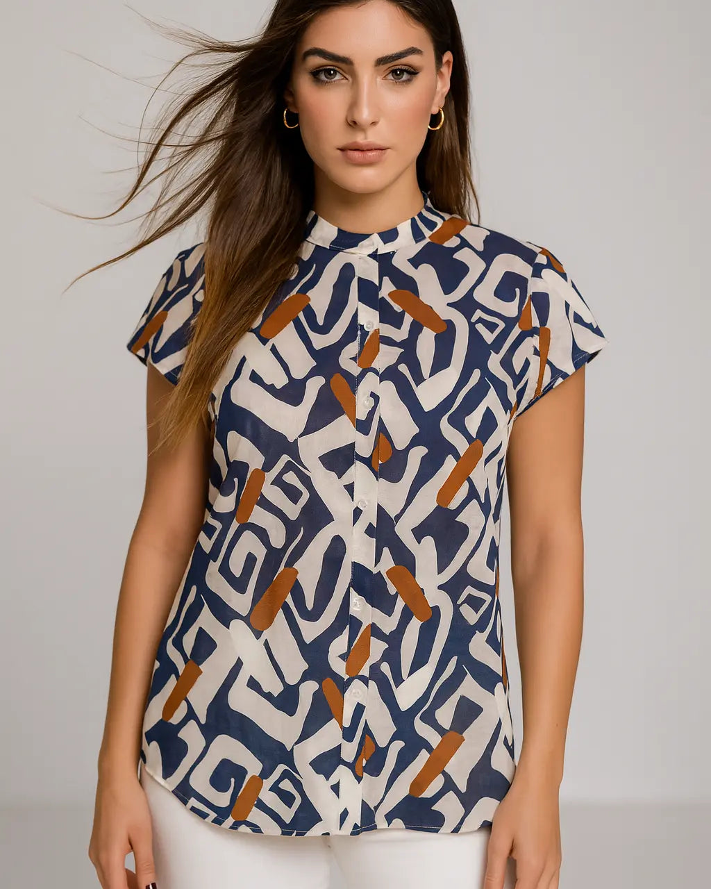 Camicia con bottoni e collo coreana in cotone a fantasia DORABELLA