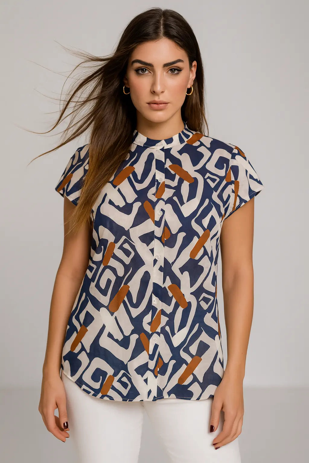 Camicia con bottoni e collo coreana in cotone a fantasia DORABELLA