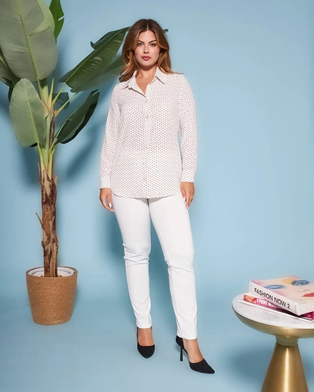 Camicia con maniche a tre quarti in raso tinta unita con fantasia a pois a contrasto. BIANCO-MORO DORABELLA XL