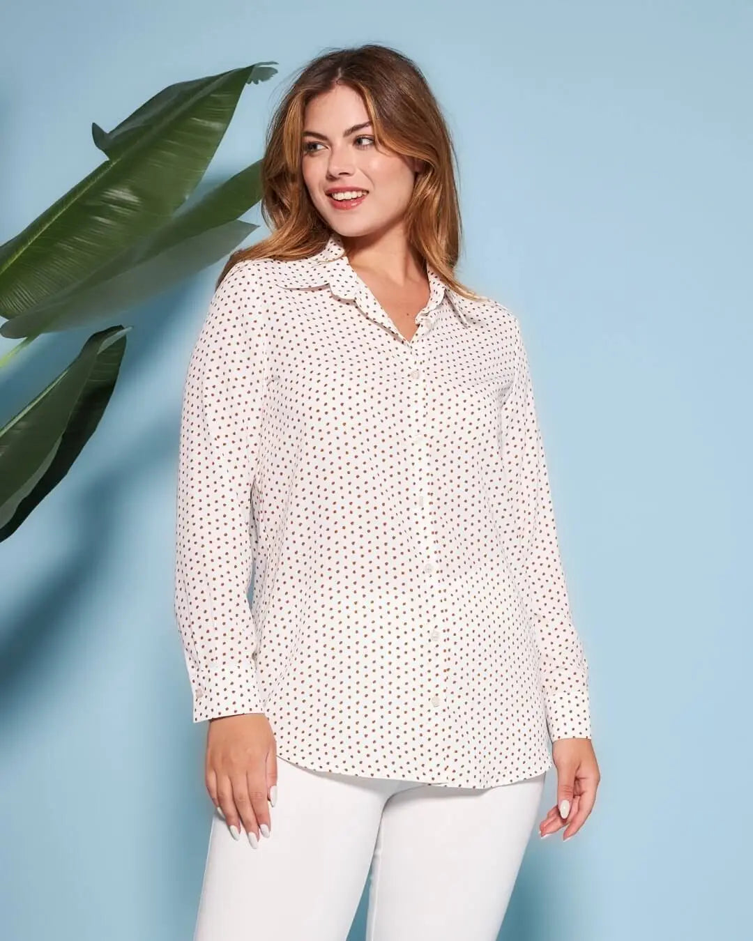 Camicia con maniche a tre quarti in raso tinta unita con fantasia a pois a contrasto. BIANCO-MORO DORABELLA