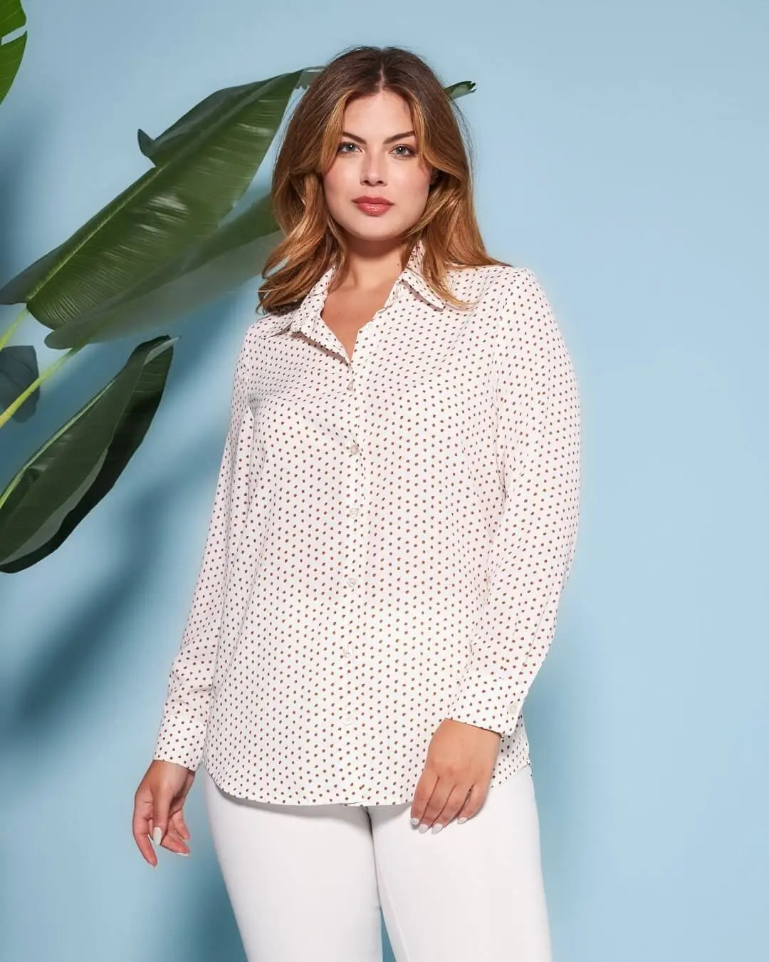 Camicia con maniche a tre quarti in raso tinta unita con fantasia a pois a contrasto. BIANCO-MORO DORABELLA