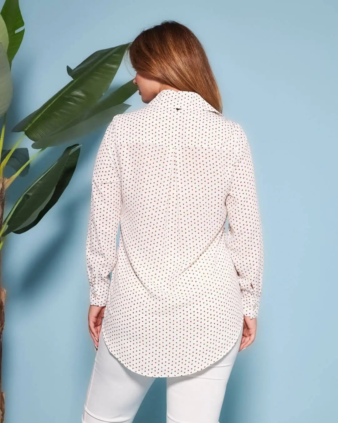 Camicia con maniche a tre quarti in raso tinta unita con fantasia a pois a contrasto. BIANCO-MORO DORABELLA