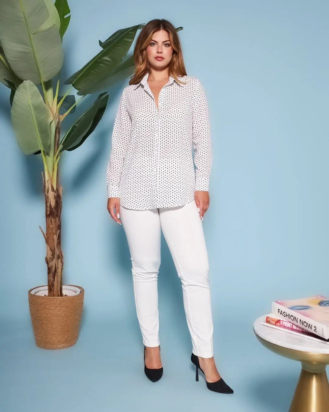 Camicia con maniche a tre quarti in raso tinta unita con fantasia a pois a contrasto. BIANCO-NERO DORABELLA XL