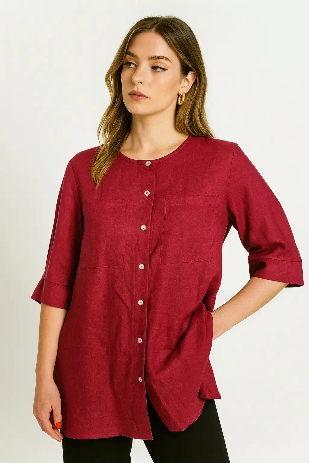 Camicia girocollo con tasche frontali in misto lino e viscosa DORABELLA