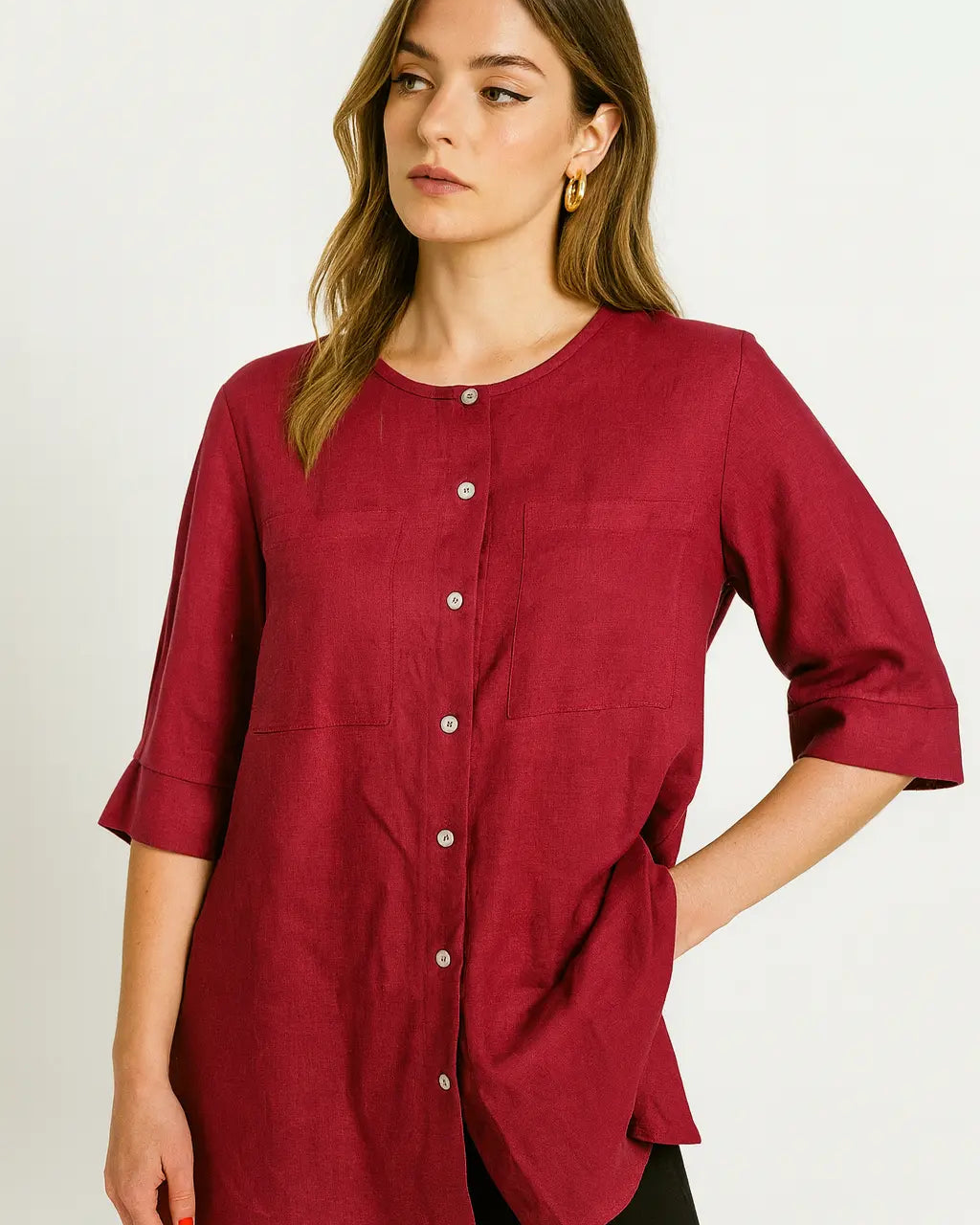 Camicia girocollo con tasche frontali in misto lino e viscosa DORABELLA