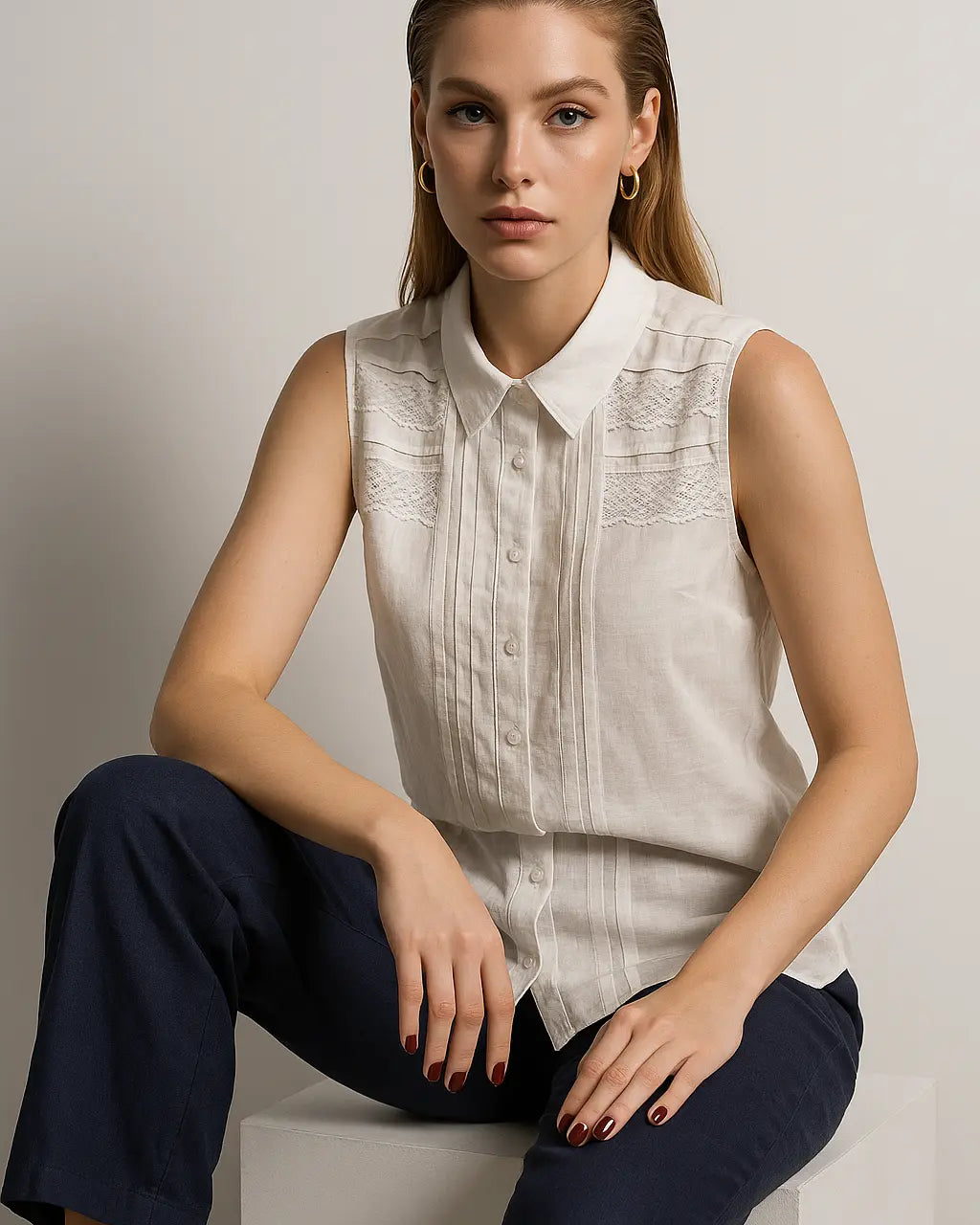 Camicia giromanica con colletto e trine in pizzo sul davanti DORABELLA