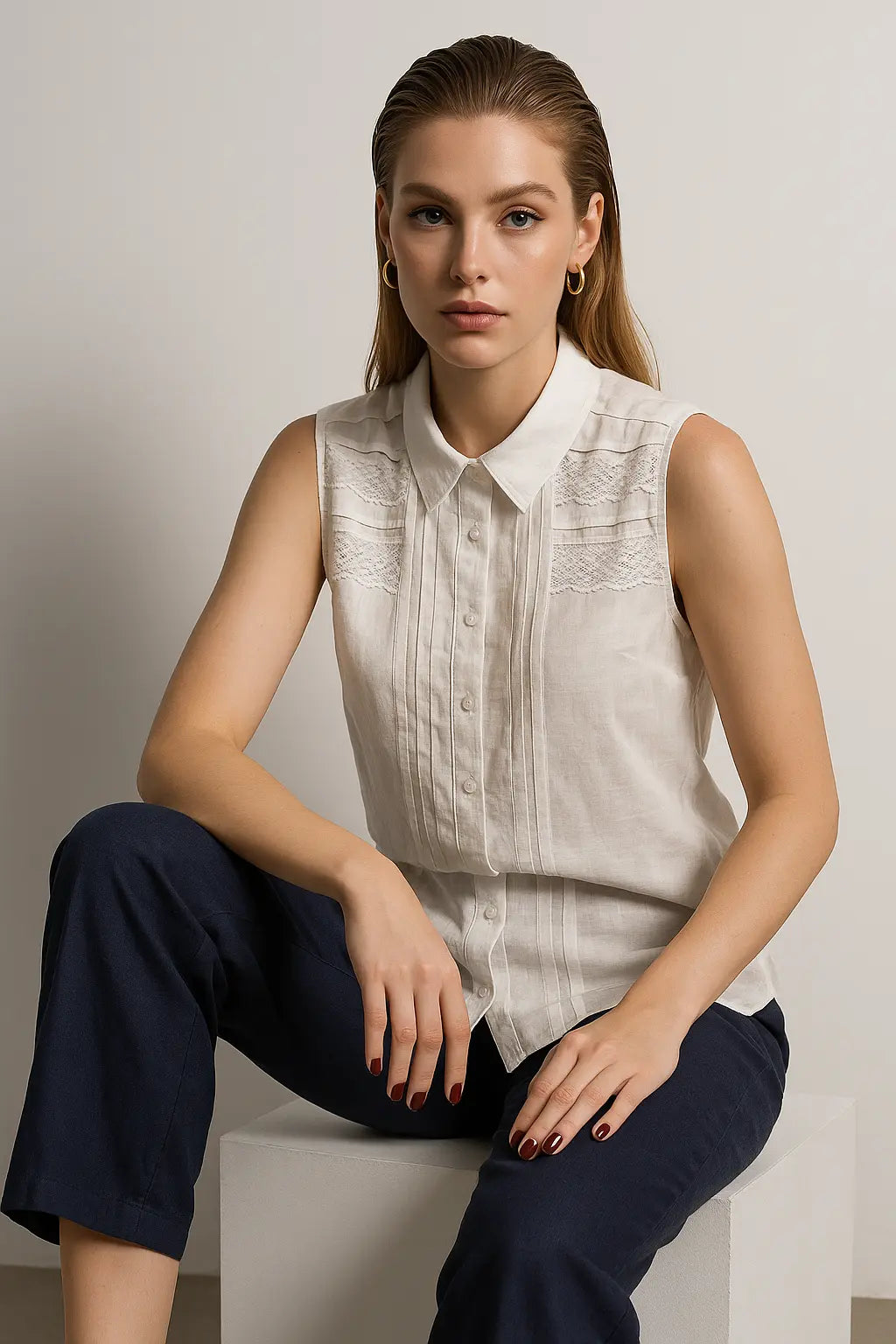 Camicia giromanica con colletto e trine in pizzo sul davanti DORABELLA