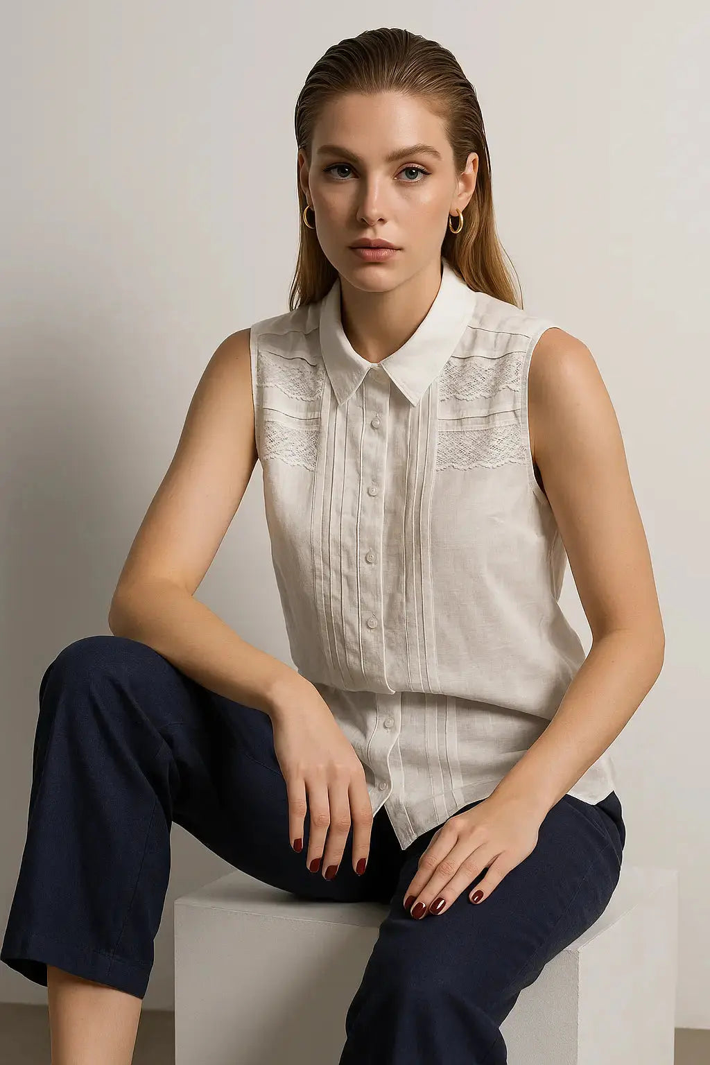 Camicia giromanica con colletto e trine in pizzo sul davanti DORABELLA