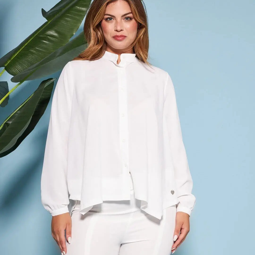 Camicia in crêpe tinta unita con colletto alla coreana e orlo asimmetrico BIANCO DORABELLA XXL