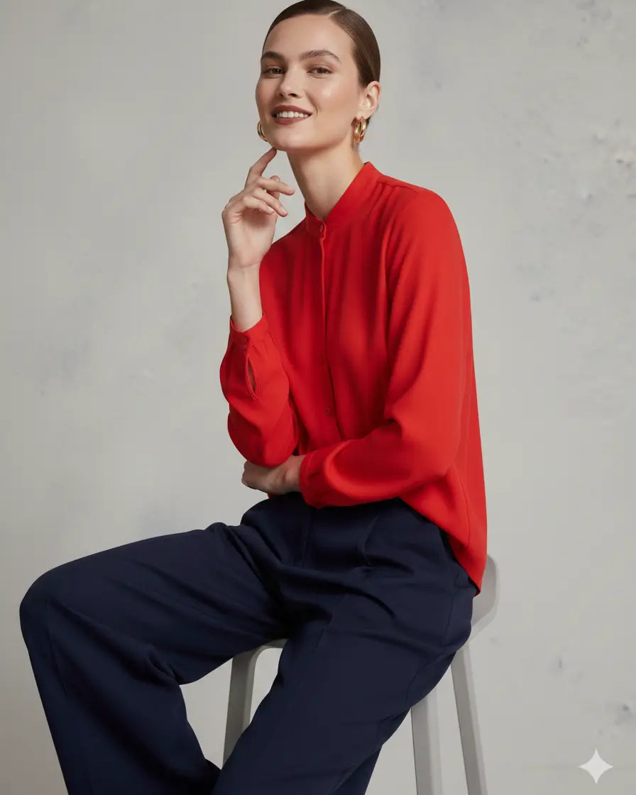 Camicia in crêpe tinta unita con colletto alla coreana e orlo asimmetrico PAPAVERO DORABELLA