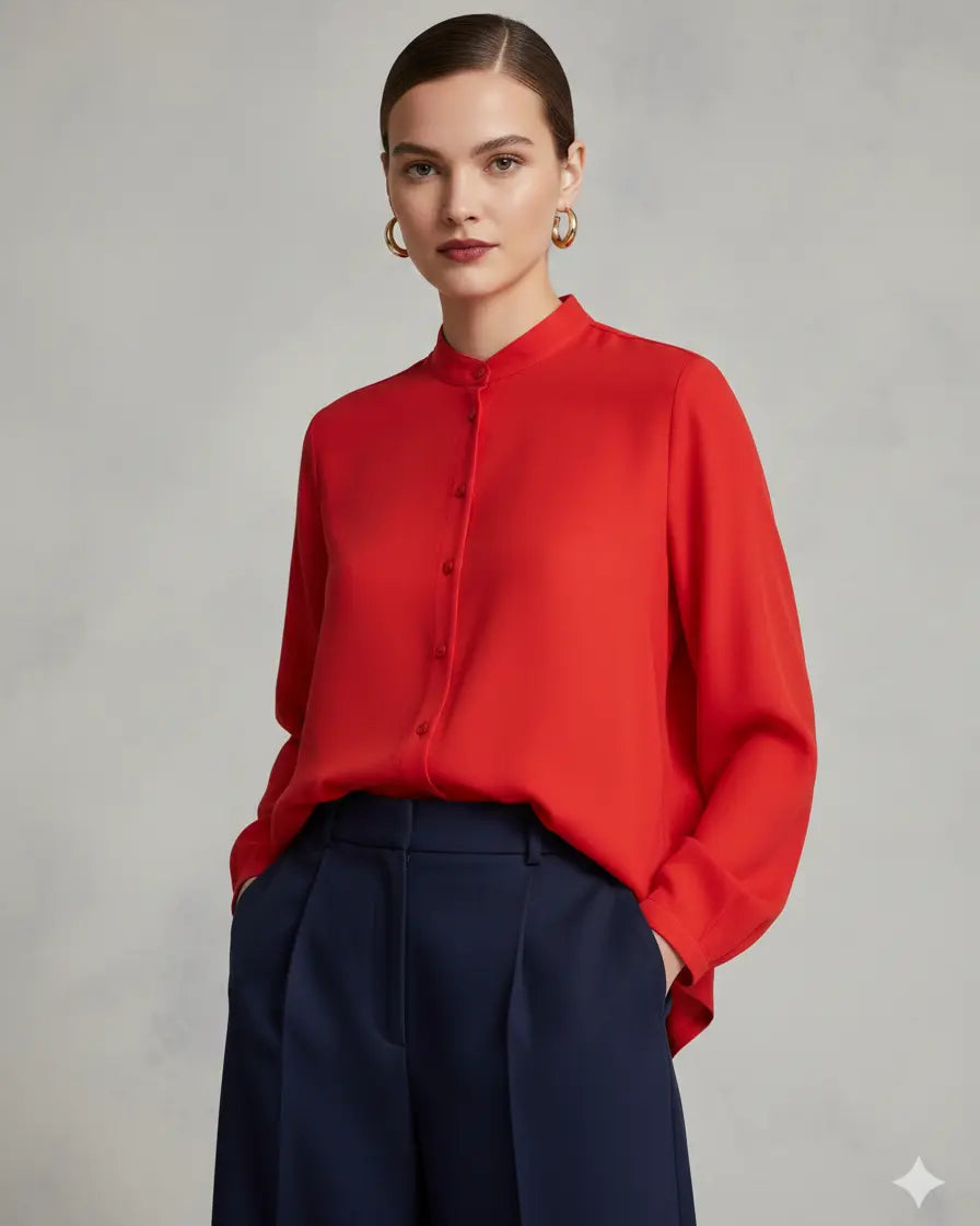 Camicia in crêpe tinta unita con colletto alla coreana e orlo asimmetrico PAPAVERO DORABELLA