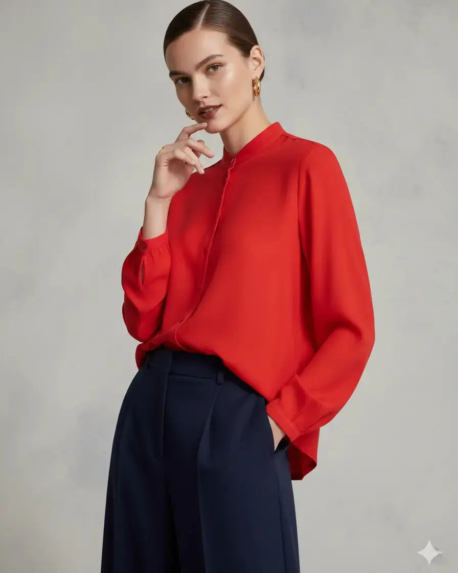 Camicia in crêpe tinta unita con colletto alla coreana e orlo asimmetrico PAPAVERO DORABELLA