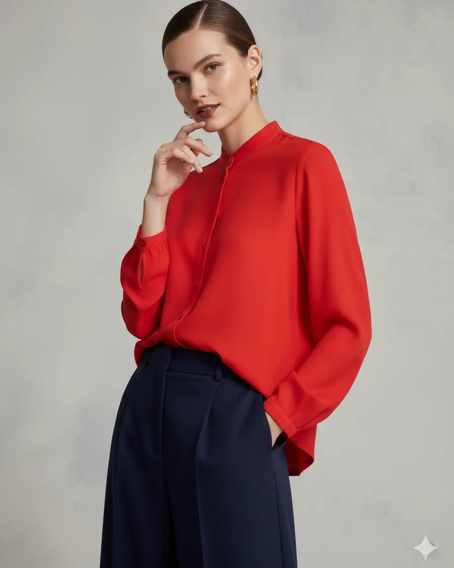 Camicia in crêpe tinta unita con colletto alla coreana e orlo asimmetrico PAPAVERO DORABELLA