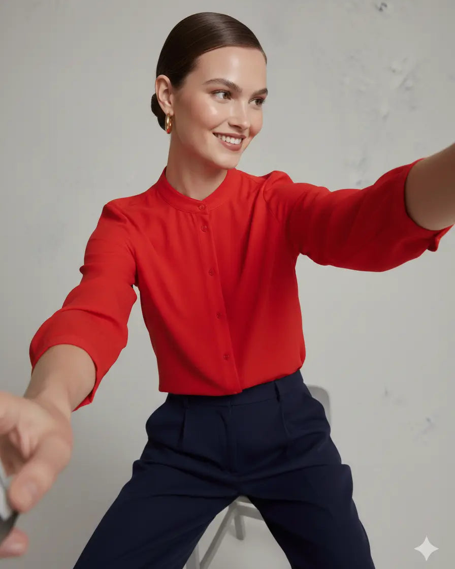 Camicia in crêpe tinta unita con colletto alla coreana e orlo asimmetrico PAPAVERO DORABELLA