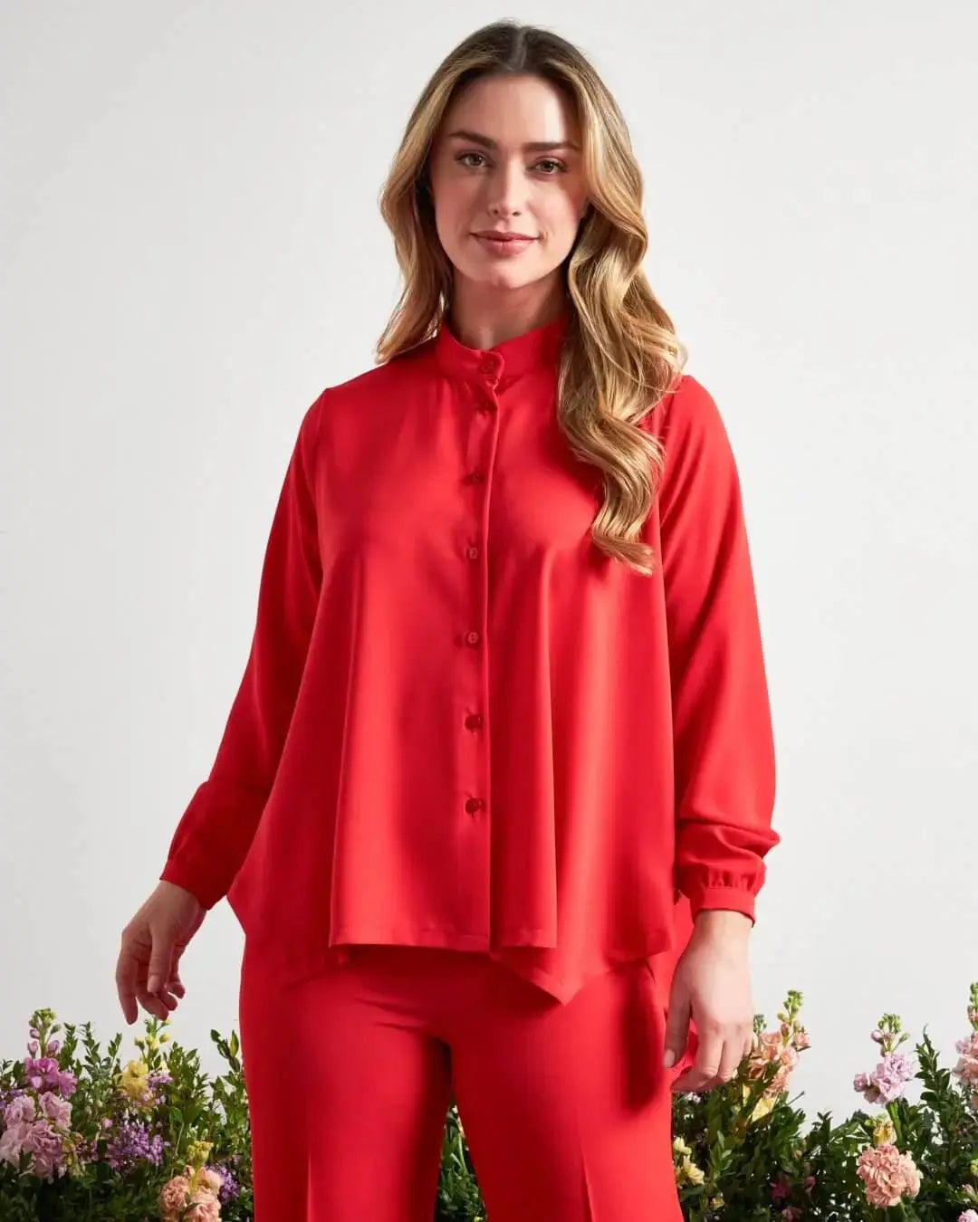 Camicia in crêpe tinta unita con colletto alla coreana e orlo asimmetrico PAPAVERO DORABELLA XXL