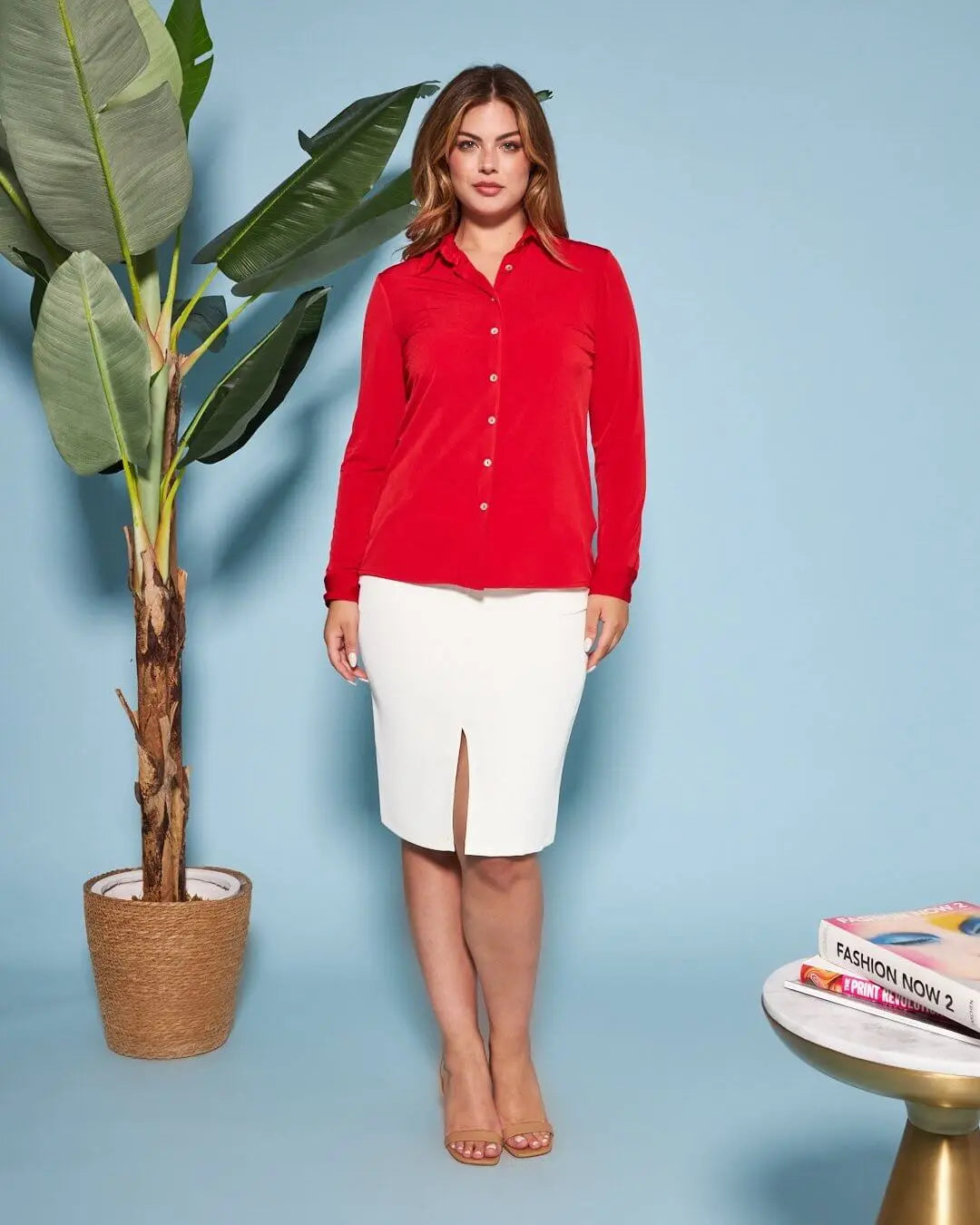 Camicia in jersey elasticizzato tinta unita con maniche a tre quarti. ROSSO DORABELLA