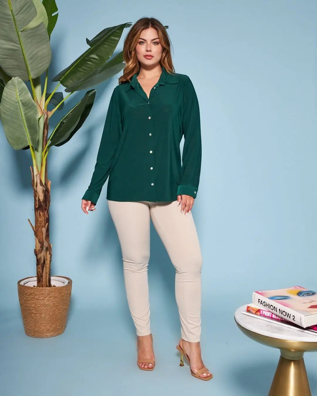 Camicia in jersey elasticizzato tinta unita con maniche a tre quarti. VERDE BOSCO DORABELLA