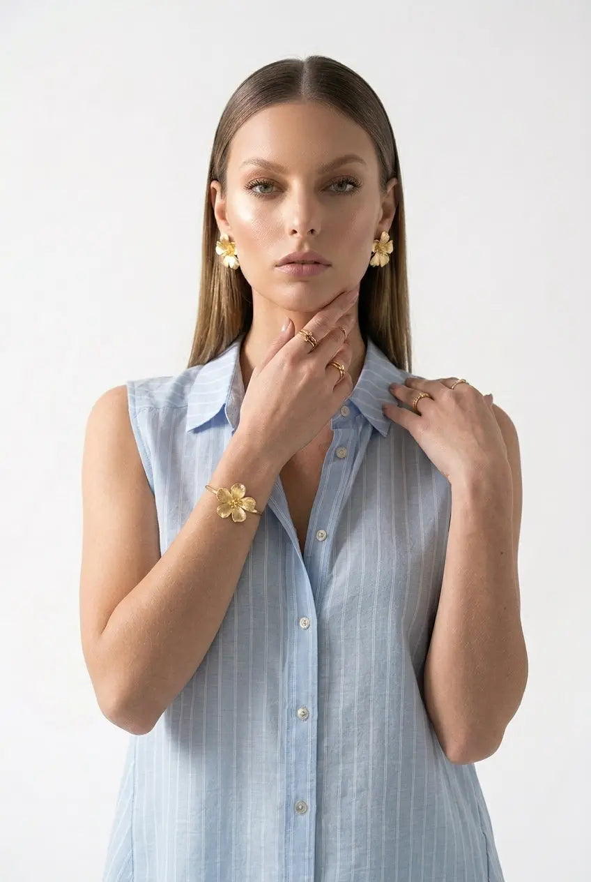 Camicia in mussola rigata a giromanica con godet laterali DORABELLA