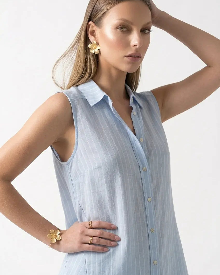 Camicia in mussola rigata a giromanica con godet laterali DORABELLA
