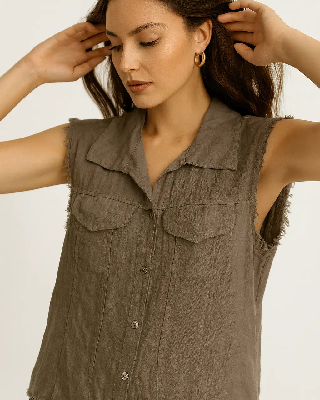 Camicia in puro lino giromanica con pattine e orlo sfrangiato Unica by Dorabella