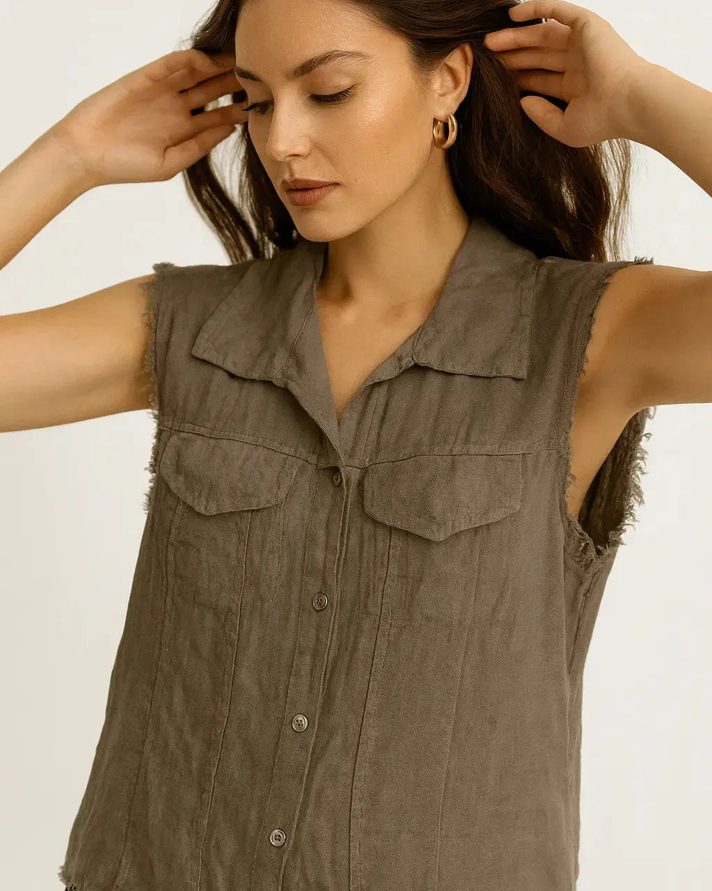 Camicia in puro lino giromanica con pattine e orlo sfrangiato Unica by Dorabella