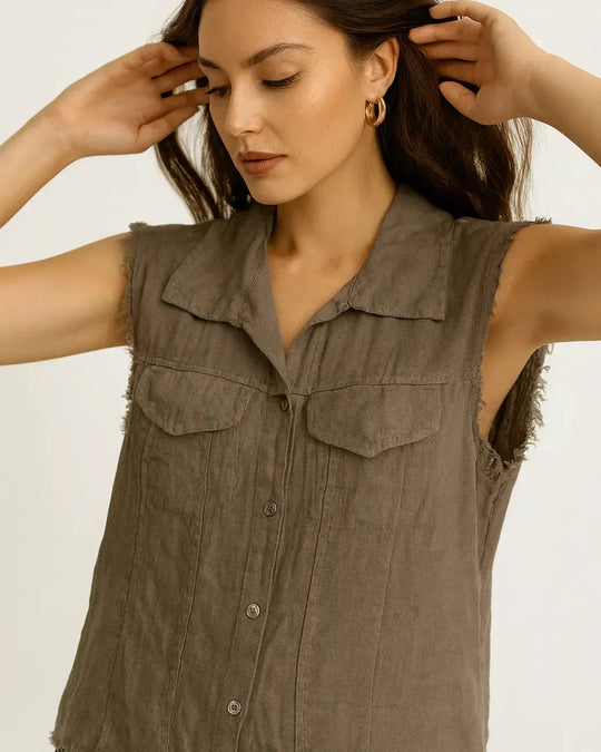 Camicia in puro lino giromanica con pattine e orlo sfrangiato Unica by Dorabella