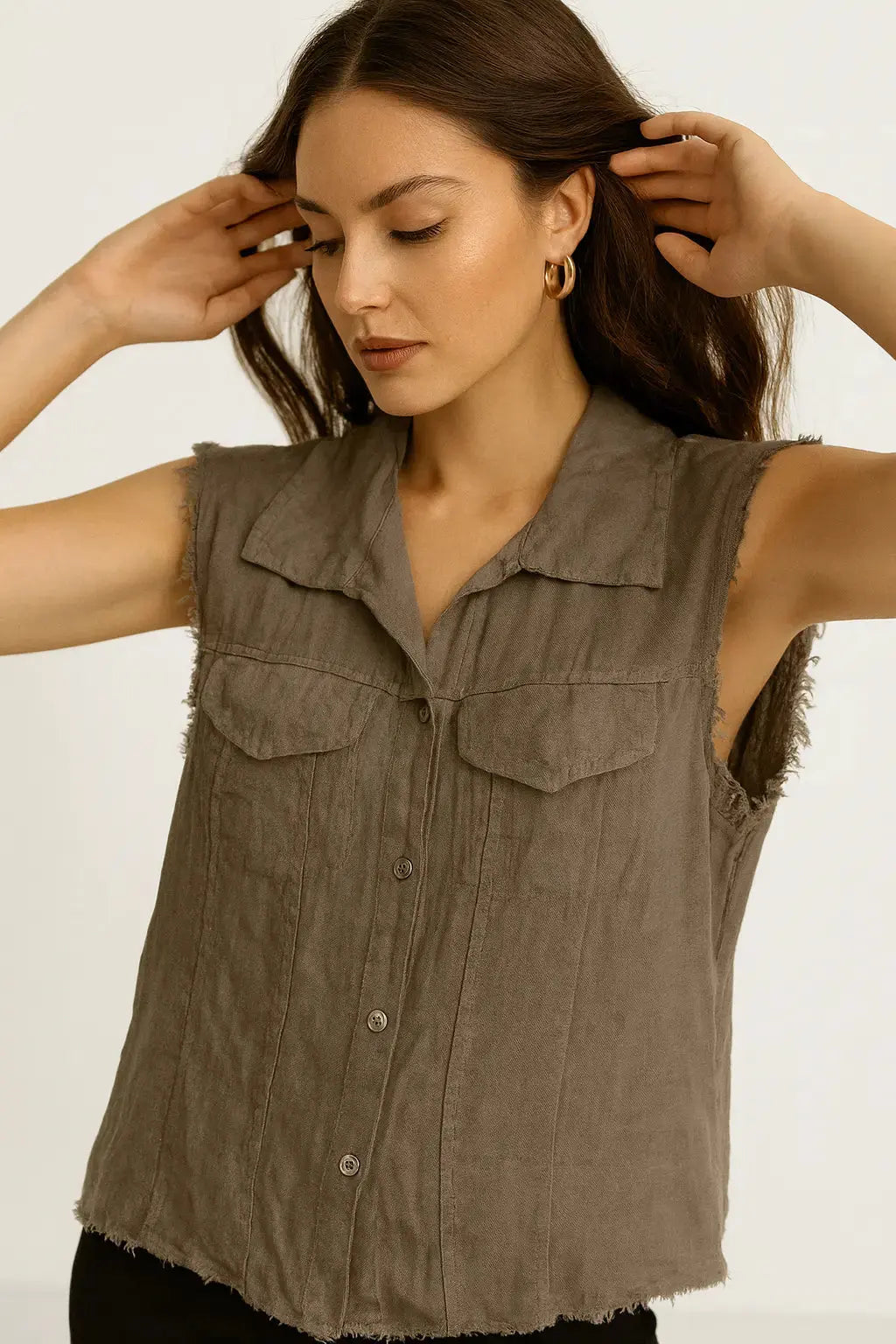 Camicia in puro lino giromanica con pattine e orlo sfrangiato Unica by Dorabella