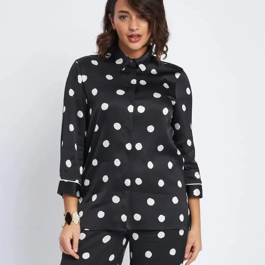 Camicia in raso di viscosa con stampa pois NERO DORABELLA XXL