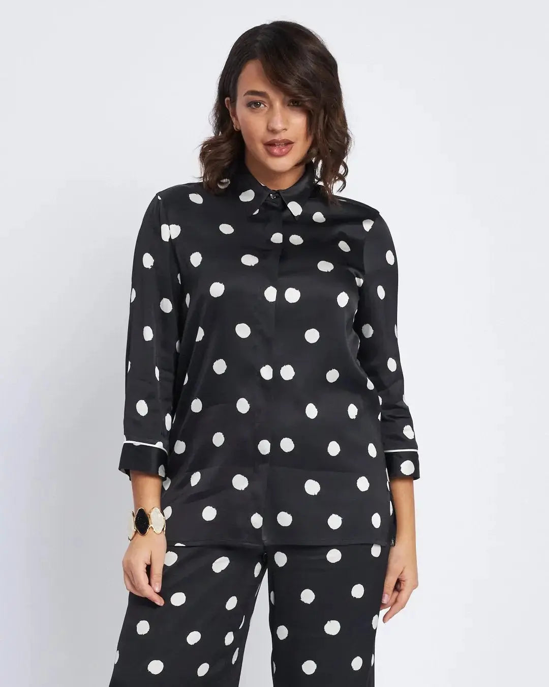 Camicia in raso di viscosa con stampa pois NERO DORABELLA XXL