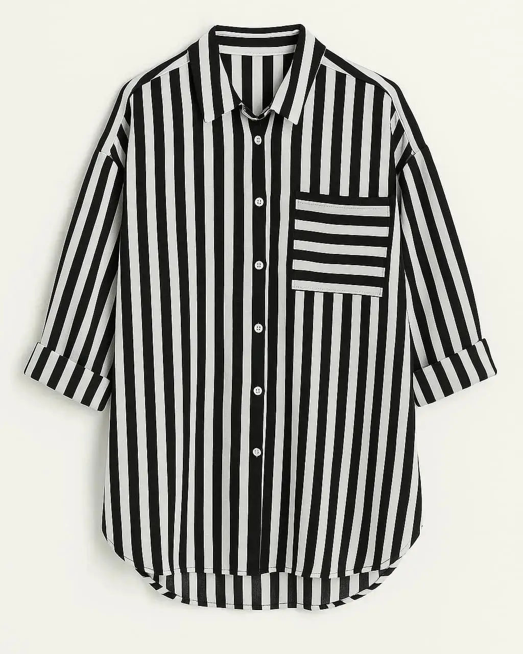 Camicia oversize con maniche lunghe risvoltate e taschino Unica by Dorabella Nero-Taglia-Unica-Curvy-fino-alla-54