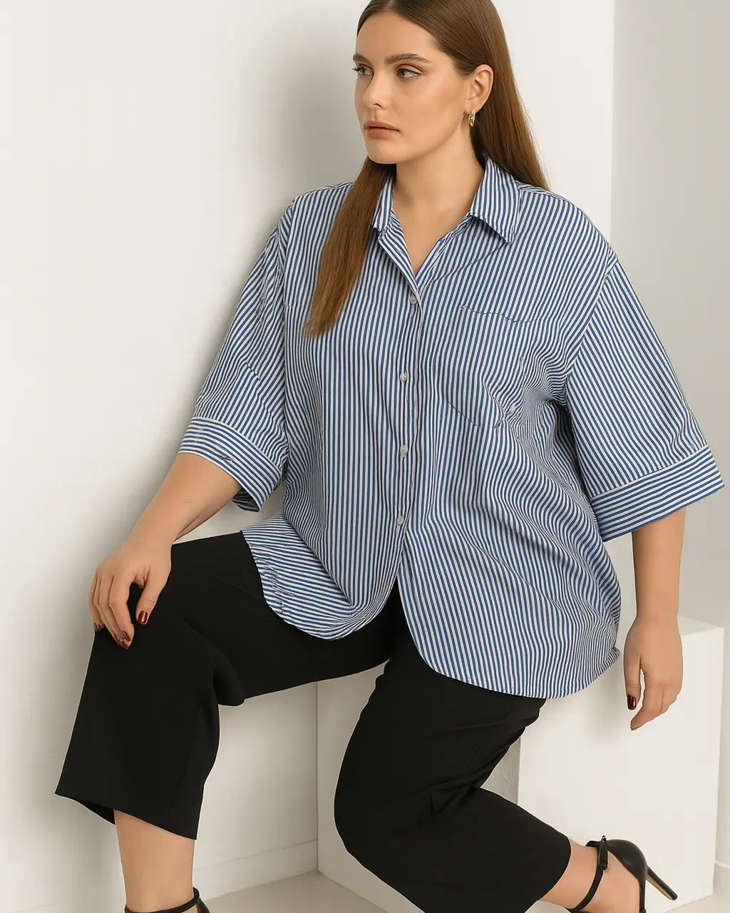 Camicia oversize in cotone a righe con taschino e maniche tre quarti Unica by Dorabella