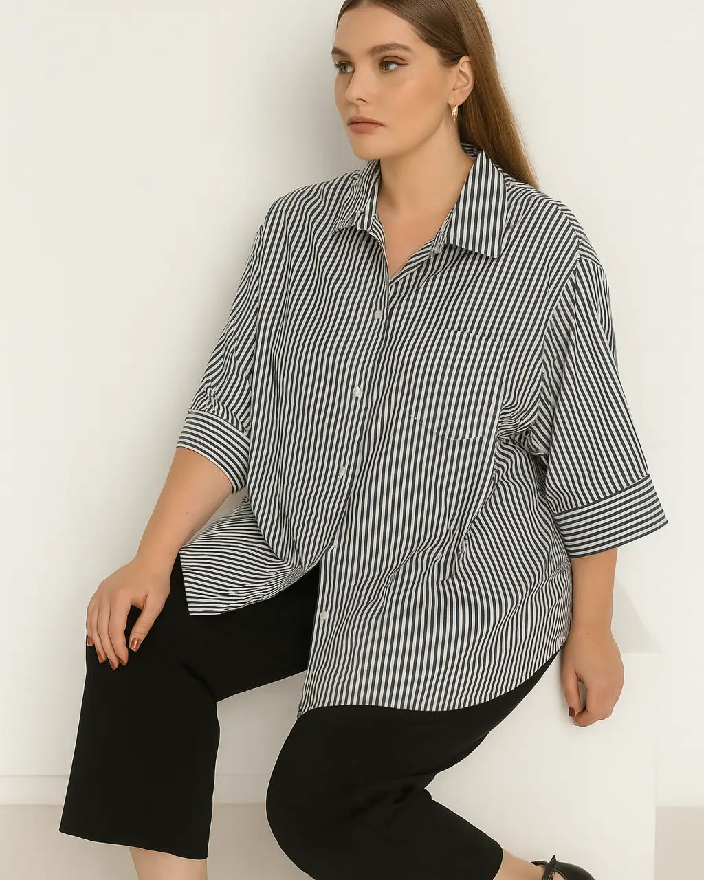 Camicia oversize in cotone a righe con taschino e maniche tre quarti Unica by Dorabella