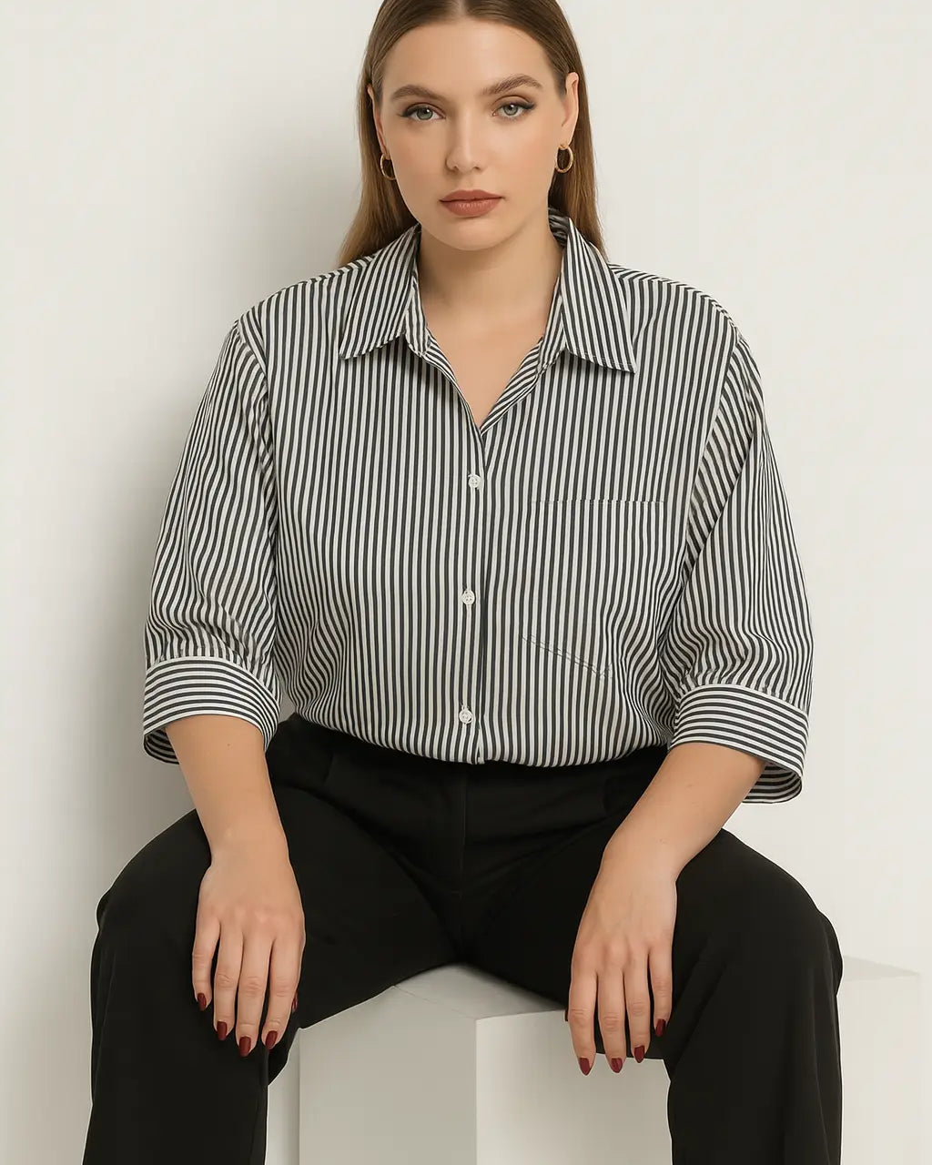 Camicia oversize in cotone a righe con taschino e maniche tre quarti Unica by Dorabella