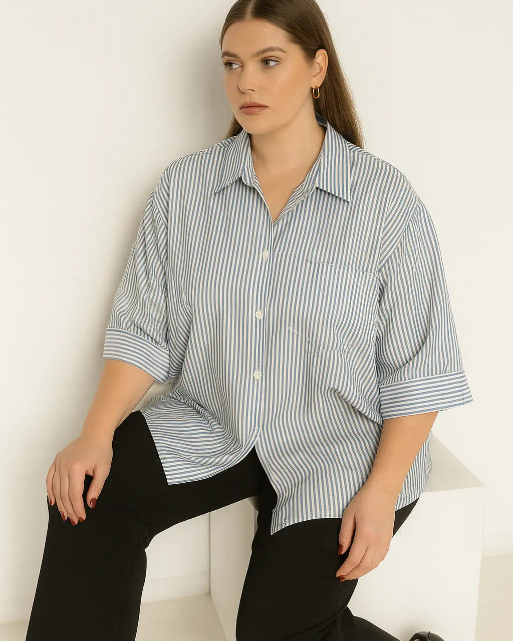 Camicia oversize in cotone a righe con taschino e maniche tre quarti Unica by Dorabella