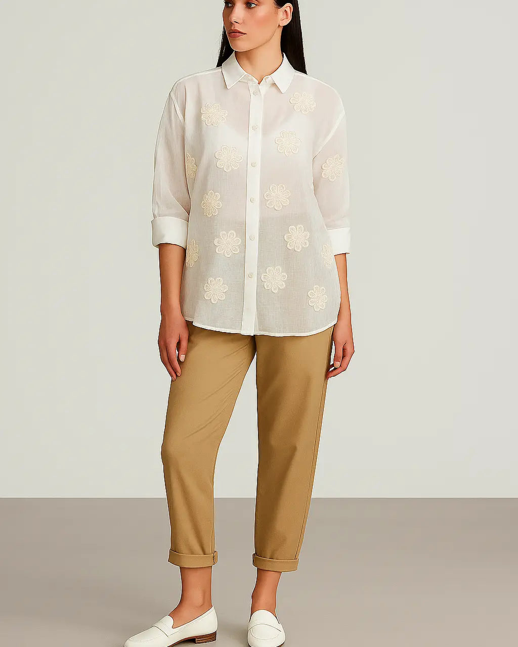 Camicia oversize organza con ricami e polsi e colletto a contrasto Unica by Dorabella