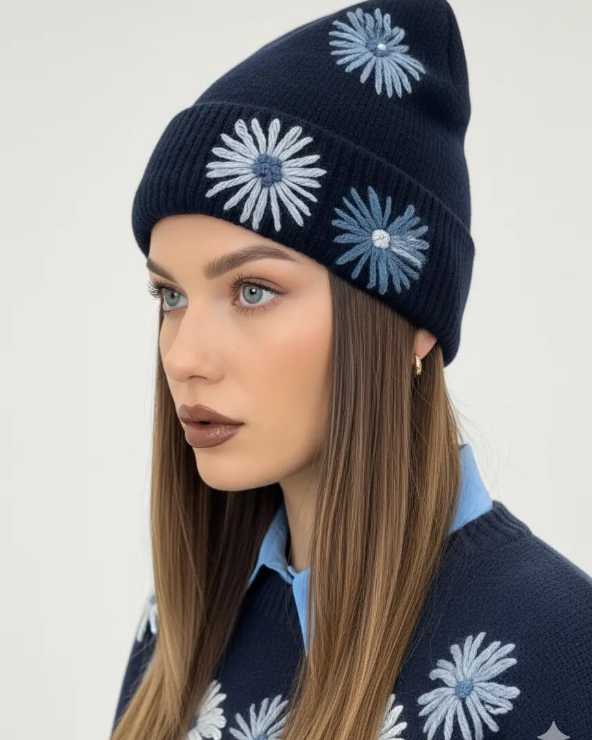 Cappello in maglia con fiori ricamati Dorabella